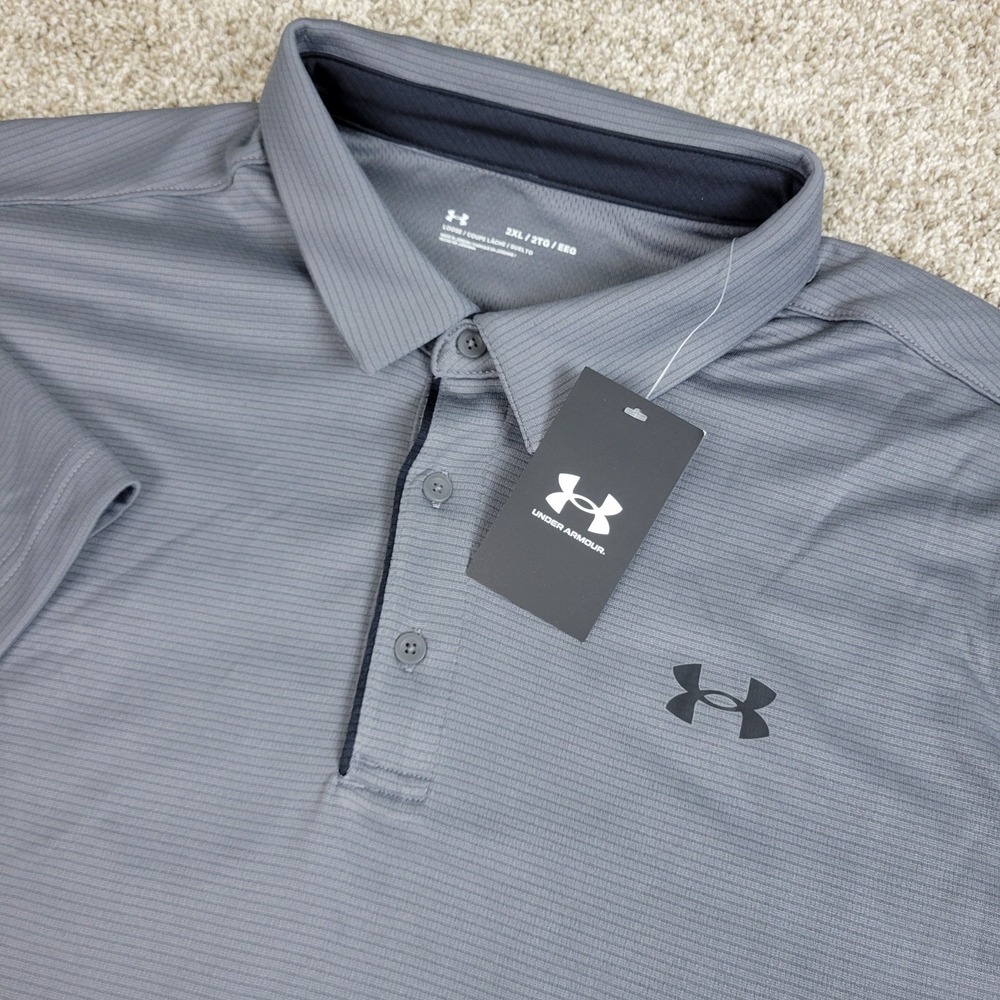 NWT Under Armour Mens 2XL Gray Striped Performance Stretch Polo Short Sleeve